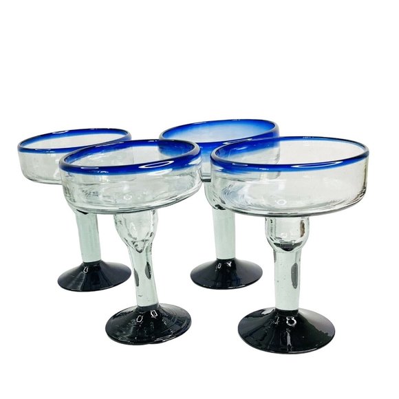 Margarita Glass Set Mexican Hand Blown Heavy Cobalt Blue Rim & Foot 16oz 4 pc - Picture 3 of 7